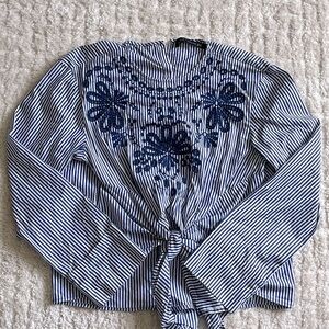 Zara Blue White Stripe Embroidered Tie Top XS RARE Eyelet